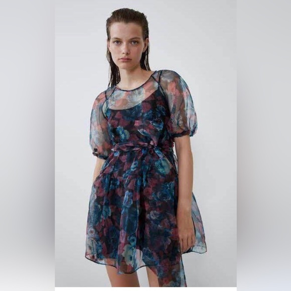 ZARA Black Pink Green Organza Dress Size Medium - Picture 2 of 15